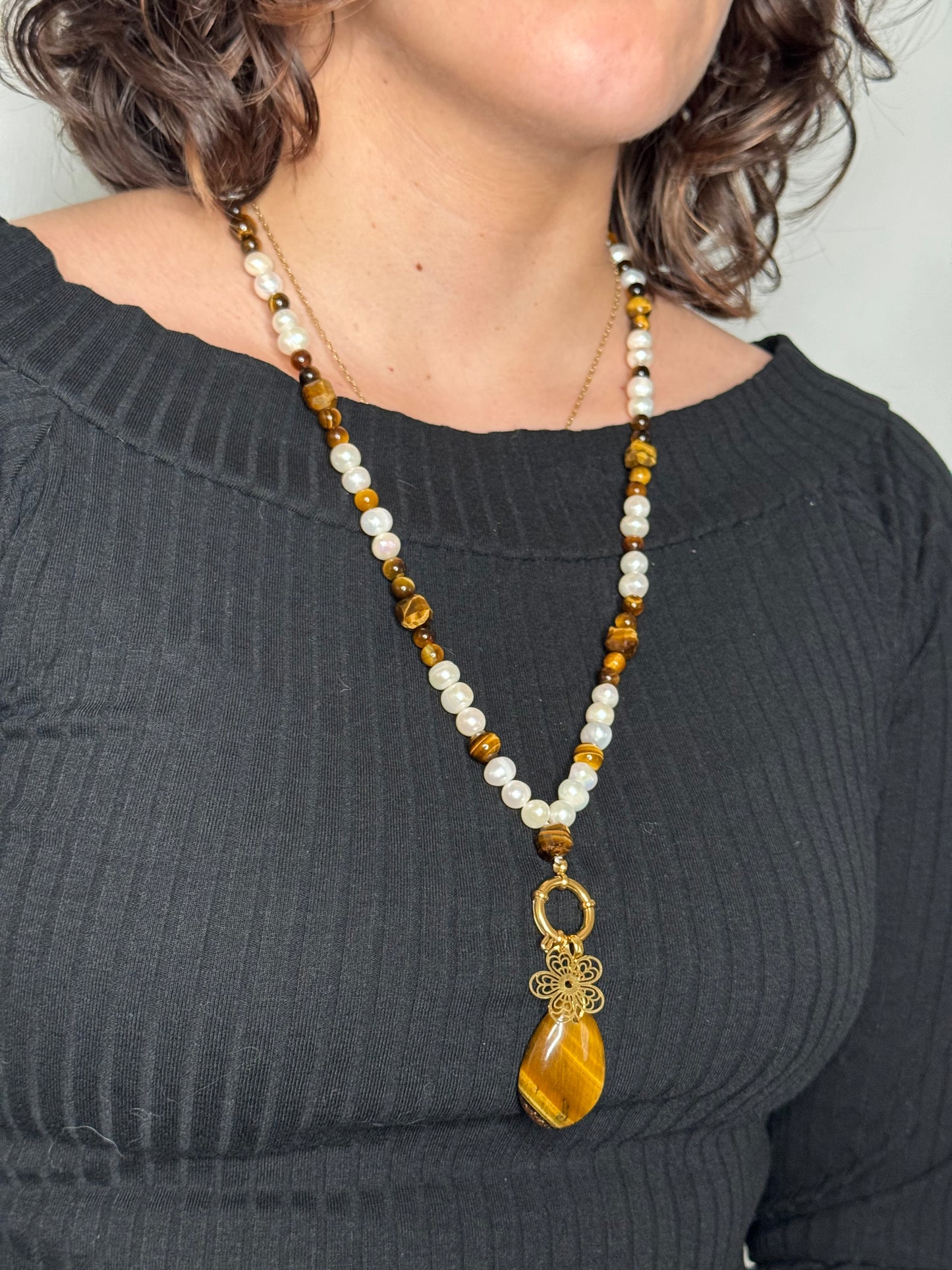 Collier Œil de Tigre & Perle d’Eau Douce
