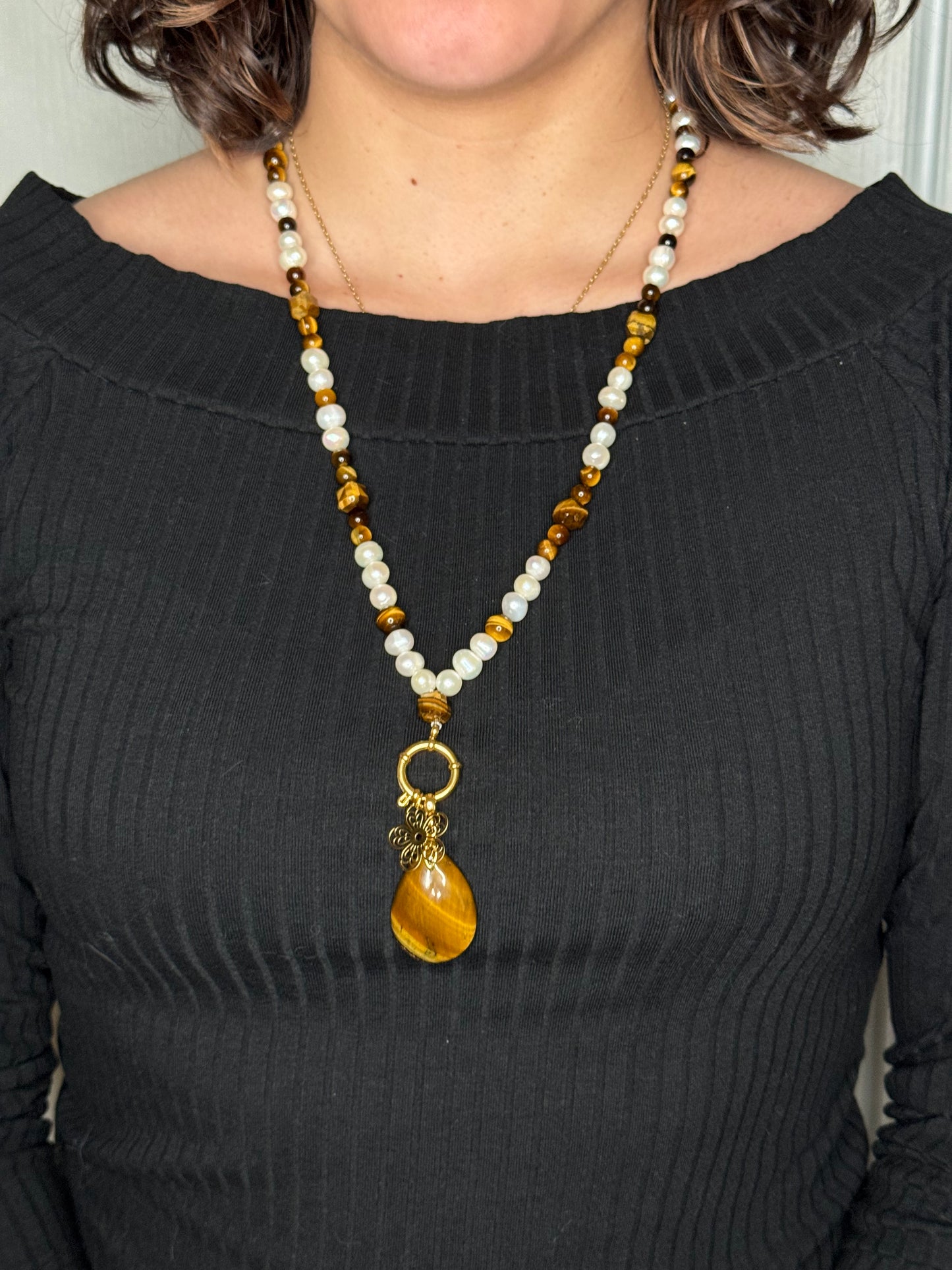 Collier Œil de Tigre & Perle d’Eau Douce