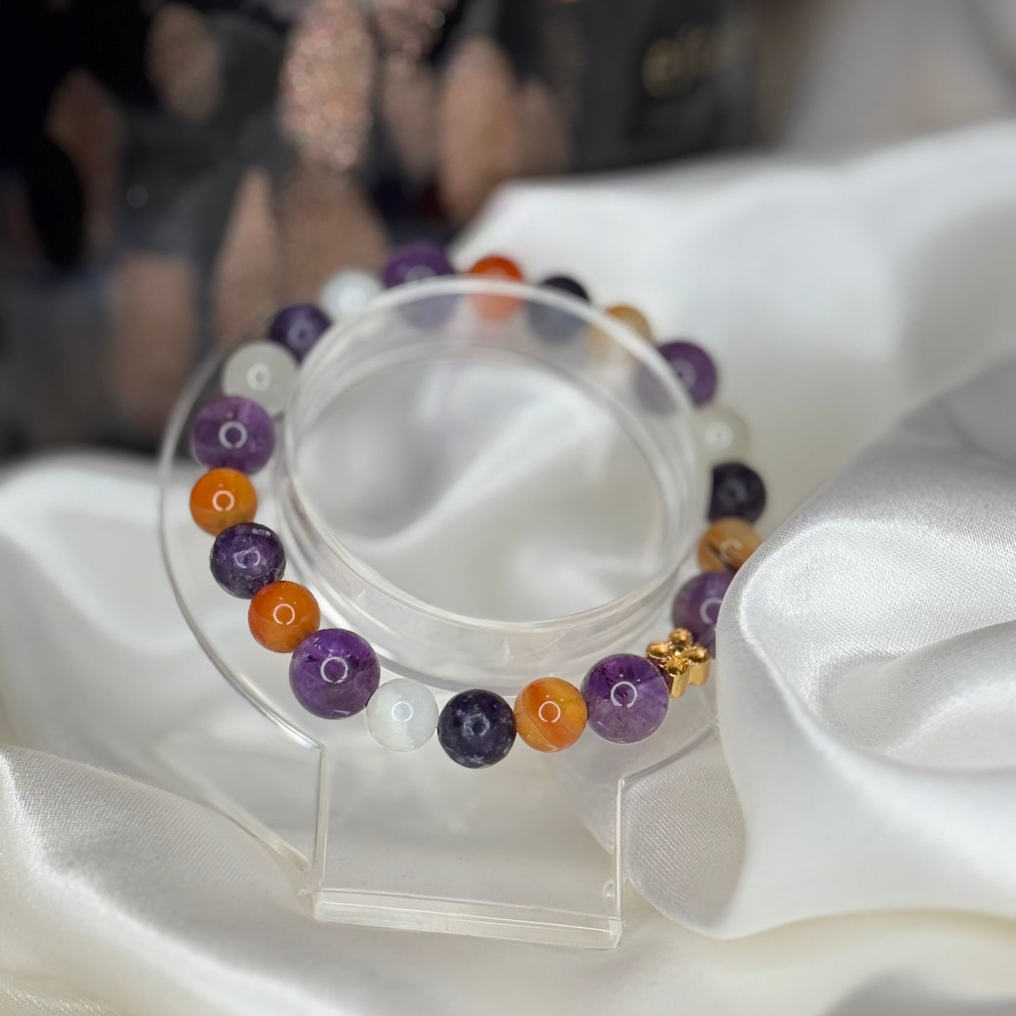 Bracelet Harmonie & Vitalité – Améthyste, Pierre de Lune, Lépidolite & Cornaline