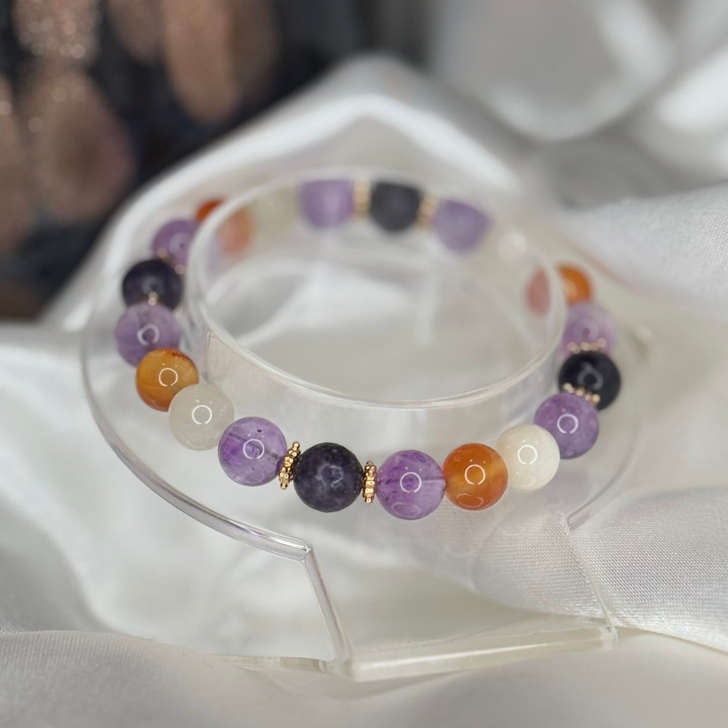 Bracelet Harmonie & Vitalité – Améthyste, Pierre de Lune, Lépidolite & Cornaline