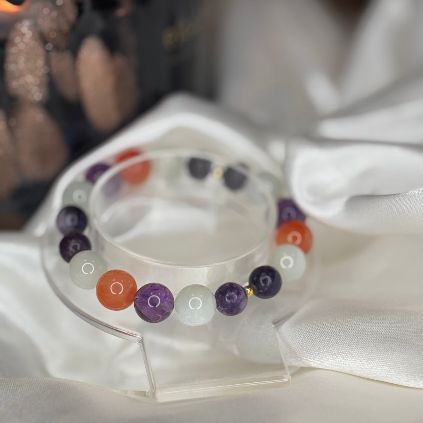 Bracelet Harmonie & Vitalité – Améthyste, Pierre de Lune, Lépidolite & Cornaline