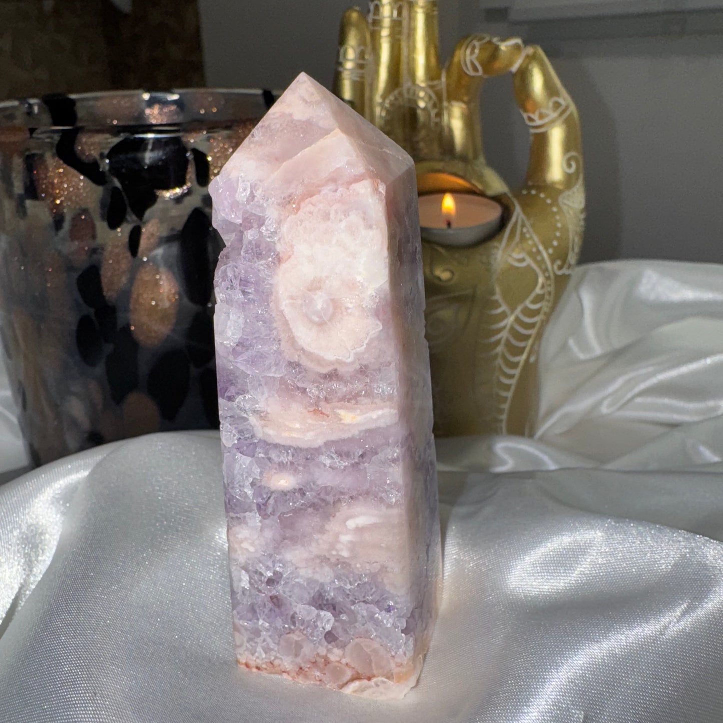Tour Améthyste Rose & Agate Fleur – Douceur Émotionnelle et Énergie Apaisante