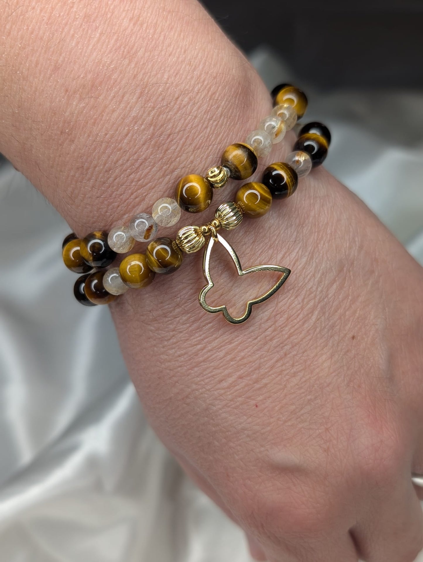Bracelet Double en Quartz Rutile et Œil de Tigre – Force et Manifestation