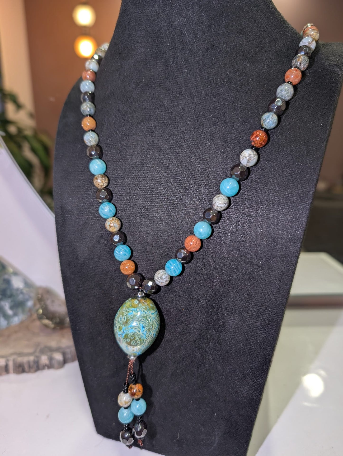 Collier Hématite facettée, Amazonite & Jaspe océan