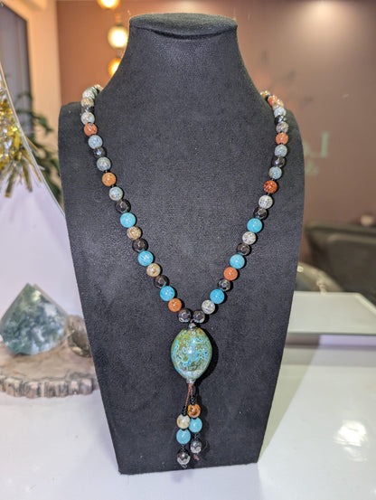 Collier Hématite facettée, Amazonite & Jaspe océan