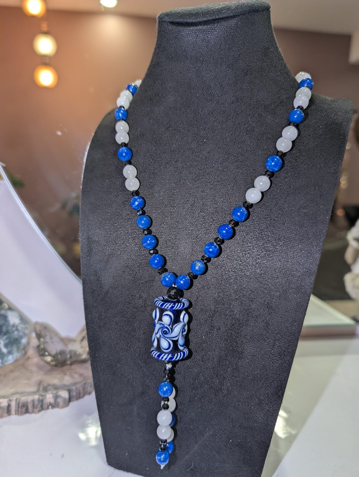 Collier Lapis-lazuli, Jade blanc & Spinelle noire