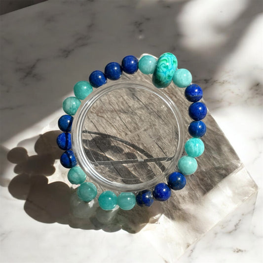 Bracelet en Lapis-Lazuli, Amazonite et Perles de Verre – Communication et Intuition