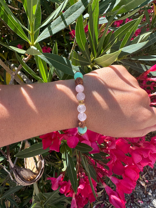 Bracelet Équilibre du Cœur – Chrysoprase, Quartz Rose & Rudraksha