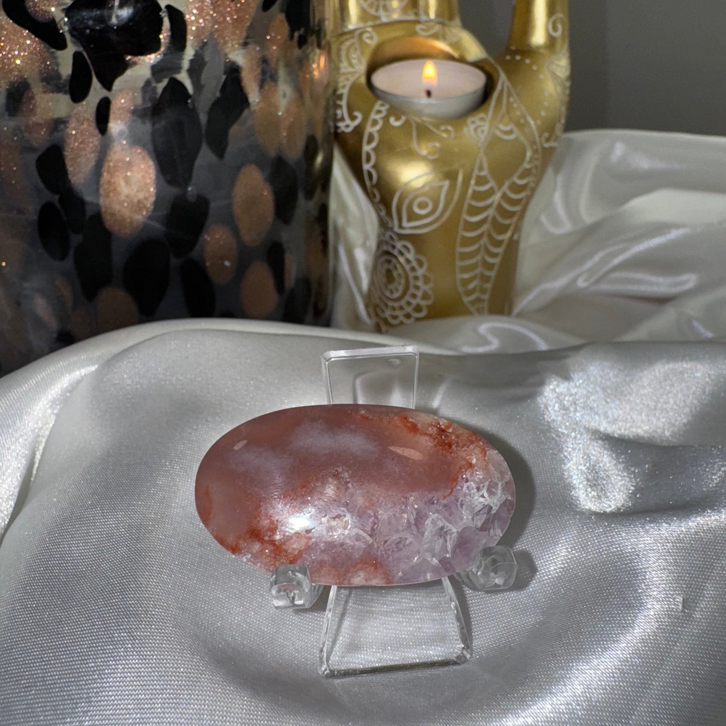 Galet Améthyste rose et agate fleur